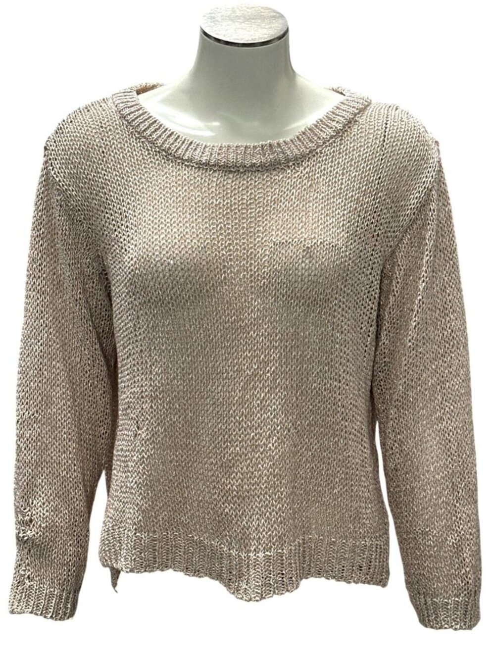 H&M Beige Metallic Open Knit Sweater Cutout Back Long Sleeve Lightweight Shimmer